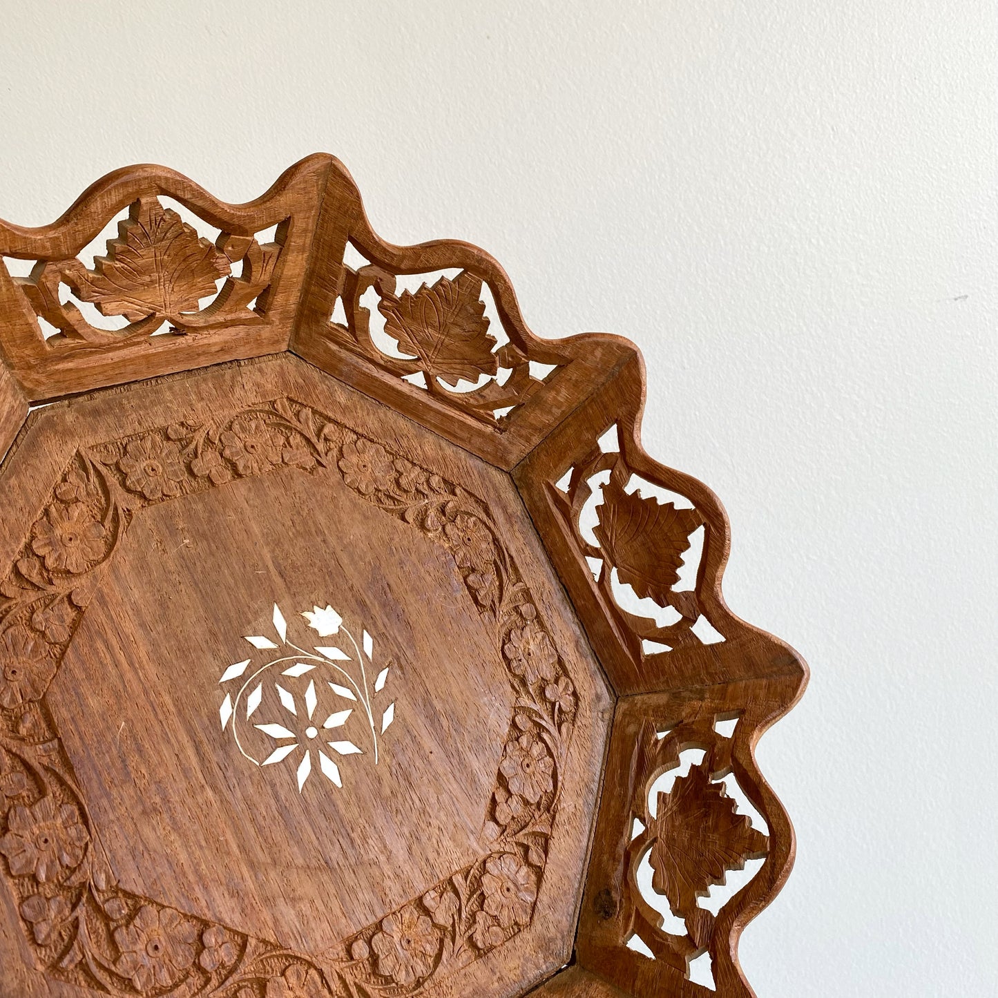 Vintage Wood Tray with Flower + Leaf Design