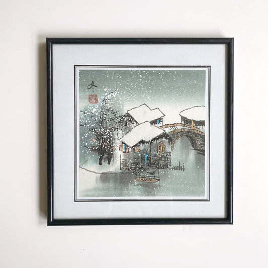 Vintage Framed Art Print, Japanese Woodcut, 8x8