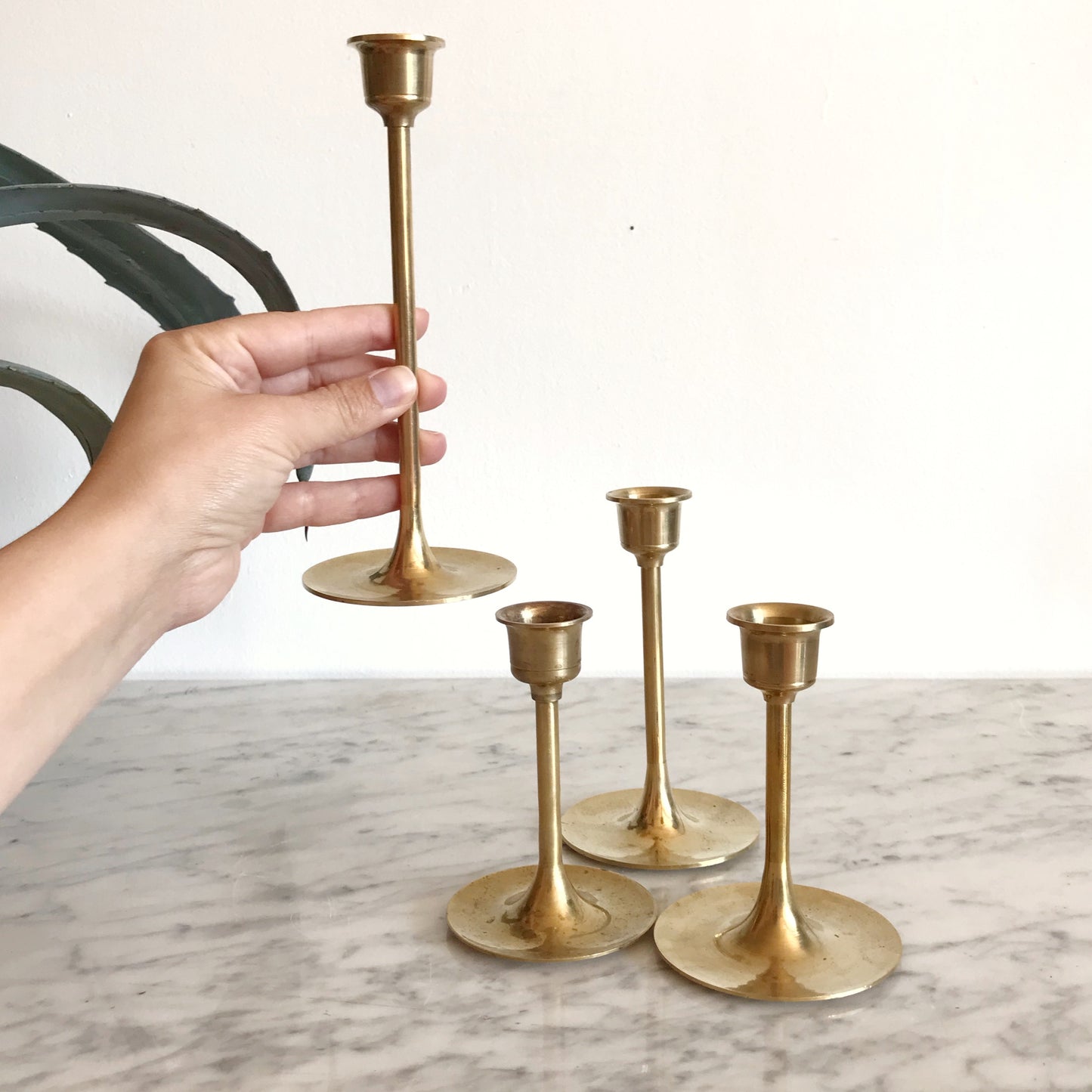 Set Of 4 Slender Brass Candle Holders