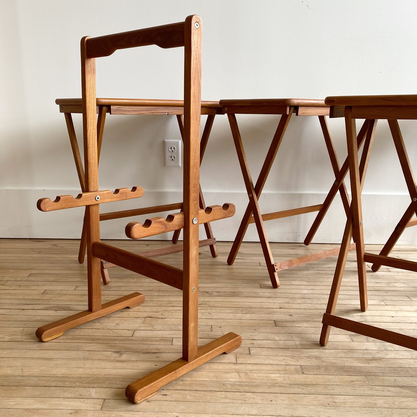 Set of 4 Vintage Teak Folding Trays with Stand