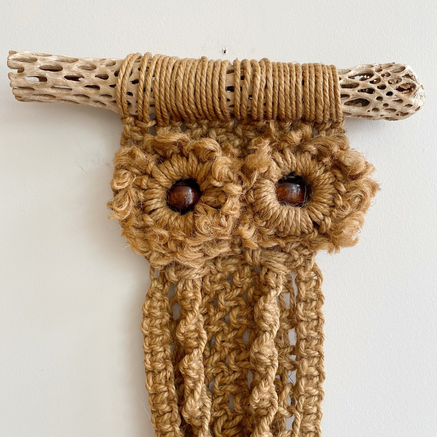 XL Vintage Macrame Owl with Dried Cactus