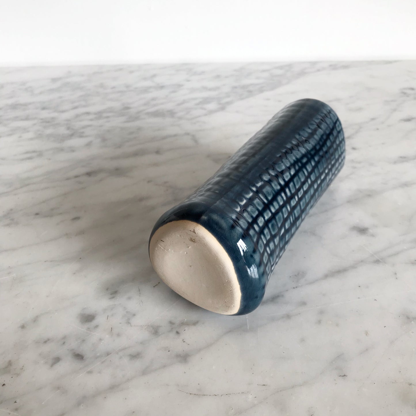 Blue Ceramic Vase with Grid Pattern