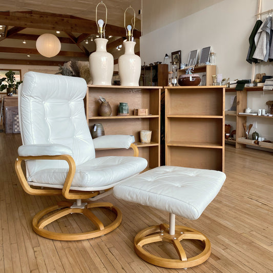 Vintage White Leather Recliner + Footrest by Plycraft