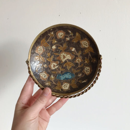 Vintage Brass Dish with Enameled Floral Design
