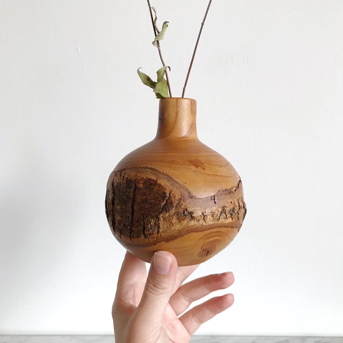 Turned Wood Vase with Bark