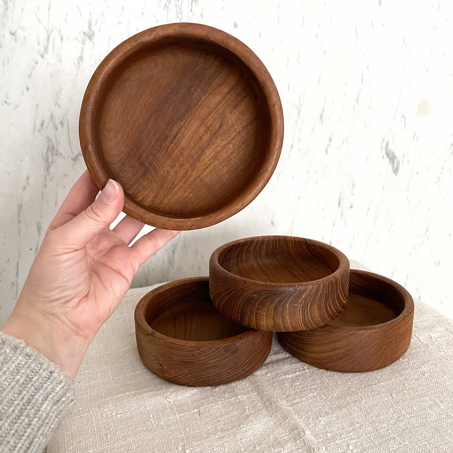 S/4 Vintage Turned Teak Wood Bowls