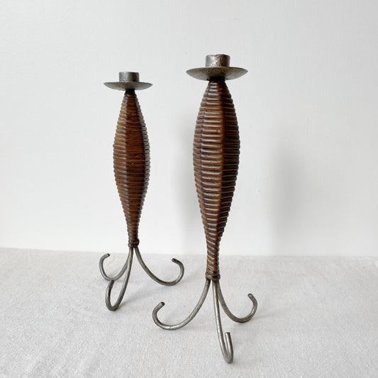 Pair of Vintage Wicker and Metal Candle Holders