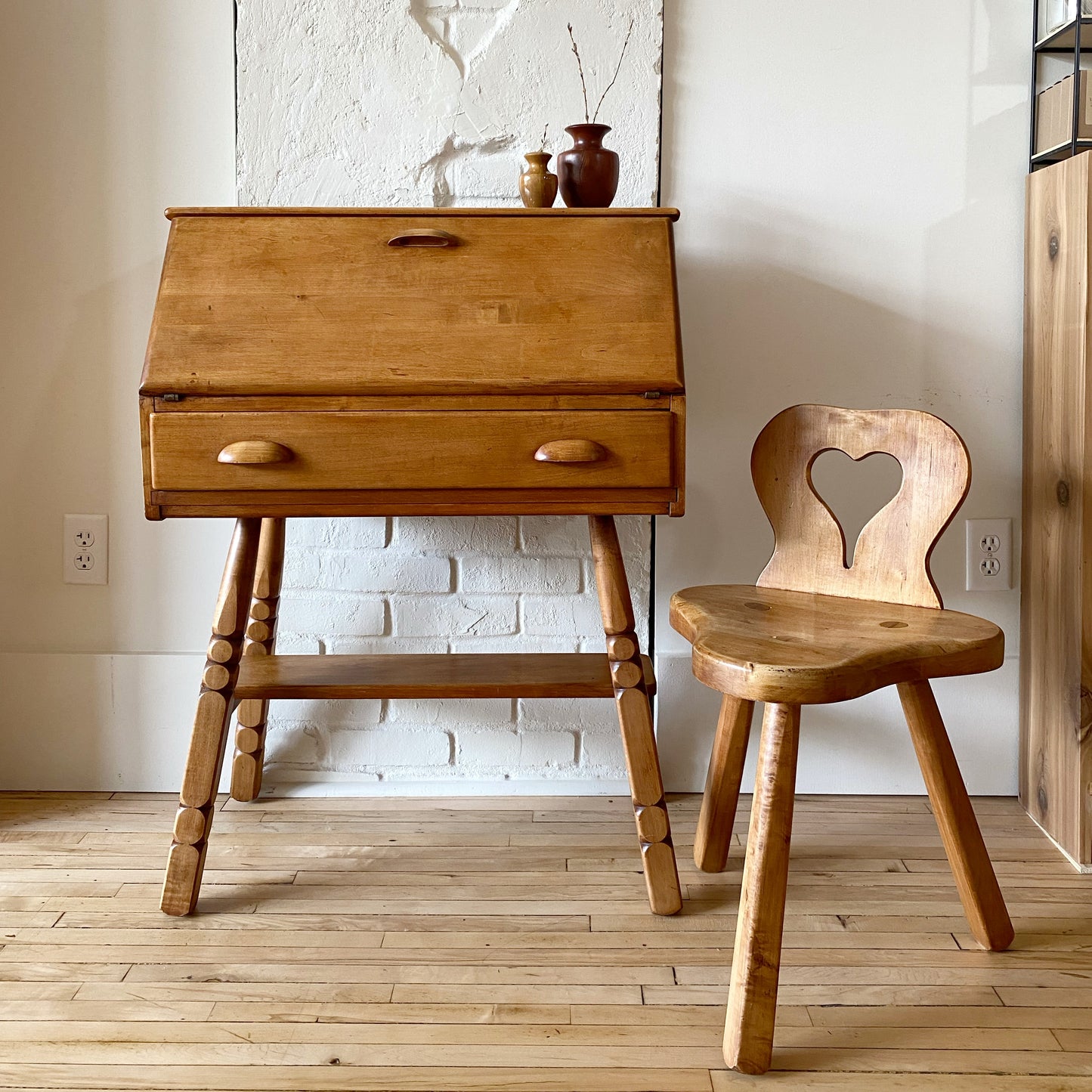 Vintage Folksy Wood Desk + Chair Set