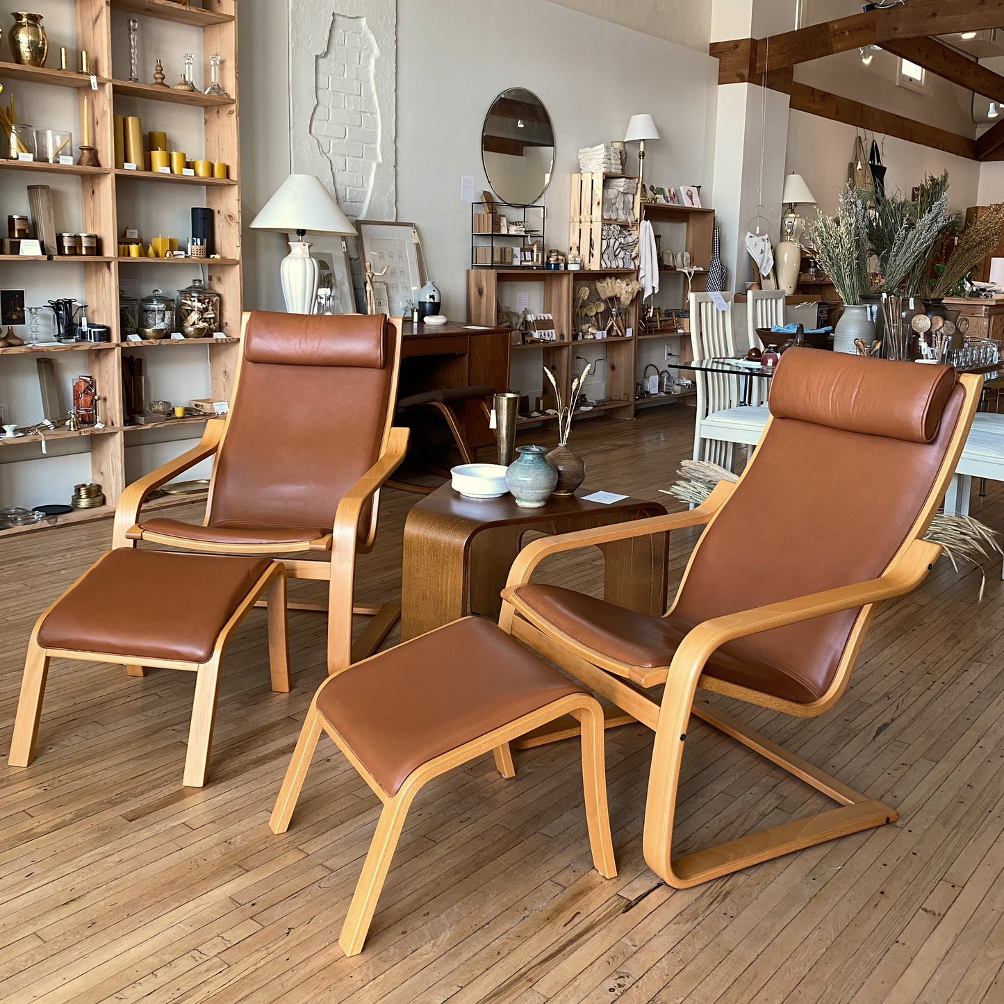 Scandinavian Bentwood Cantilever Leather Lounge Chair + Footrest