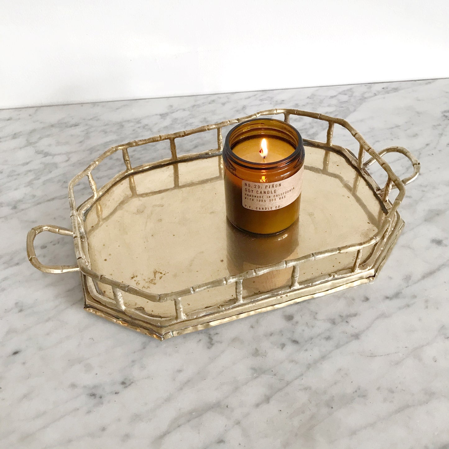 Large Vintage Rectangular Brass Tray with Railing