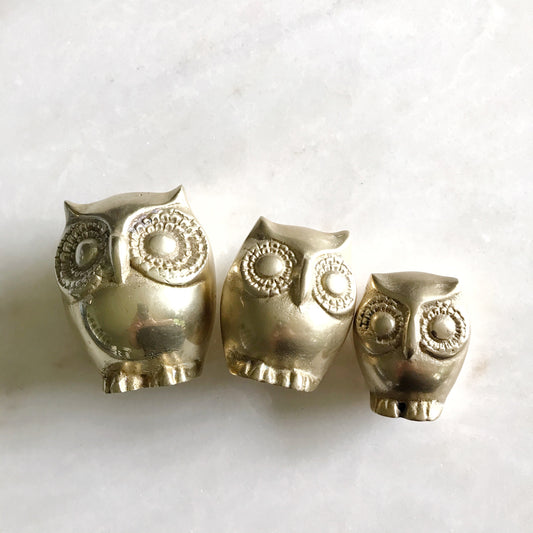 Vintage Brass Owl Family Trio