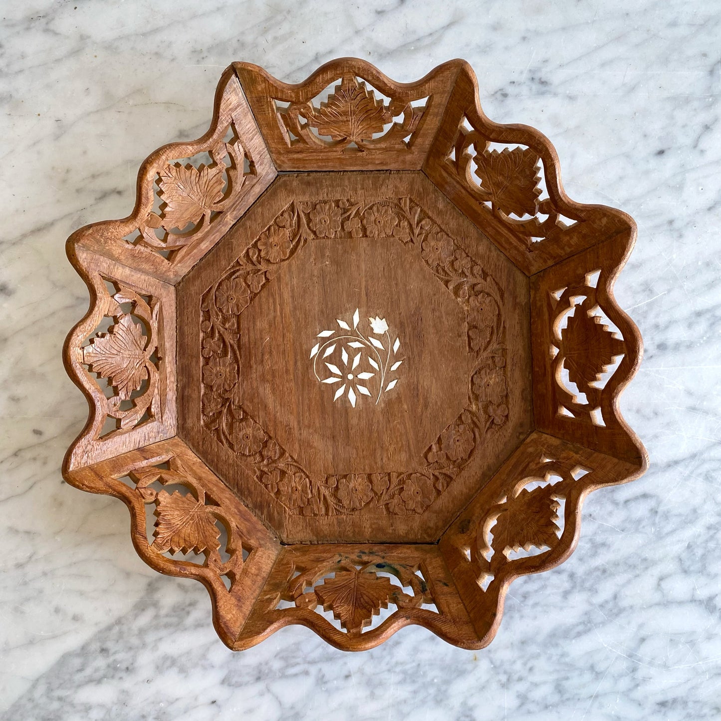 Vintage Wood Tray with Flower + Leaf Design