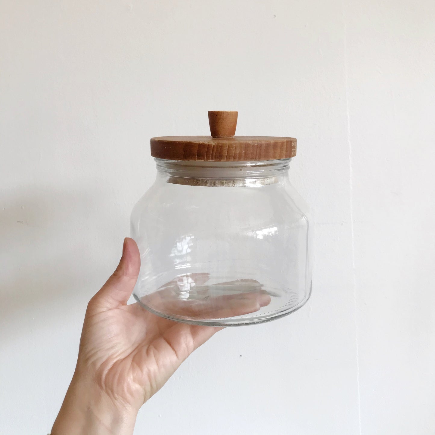 Large Vintage Glass Container w Wood Lid