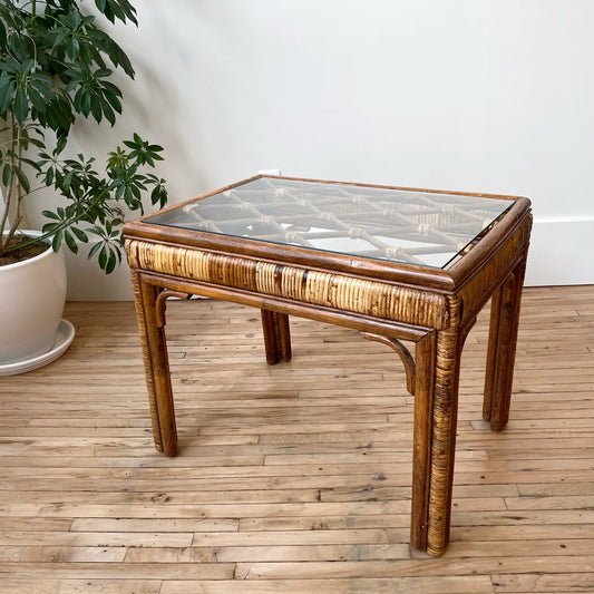 Vintage Rattan + Glass End Table / Side Table
