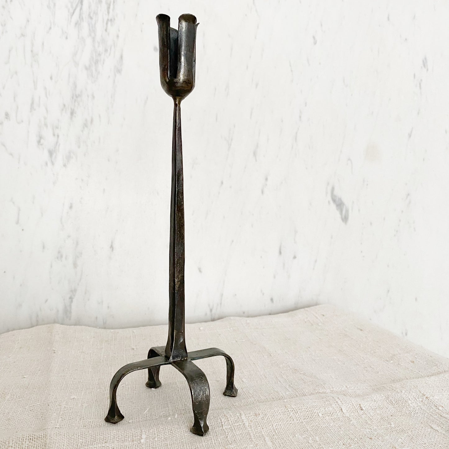 Vintage Tall Footed Iron Candle Holder, 11"