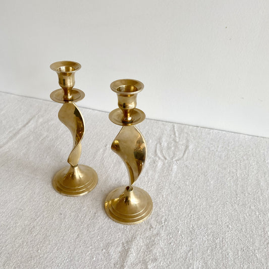 Pair of Mid-Century Spiral Brass Candle Holders