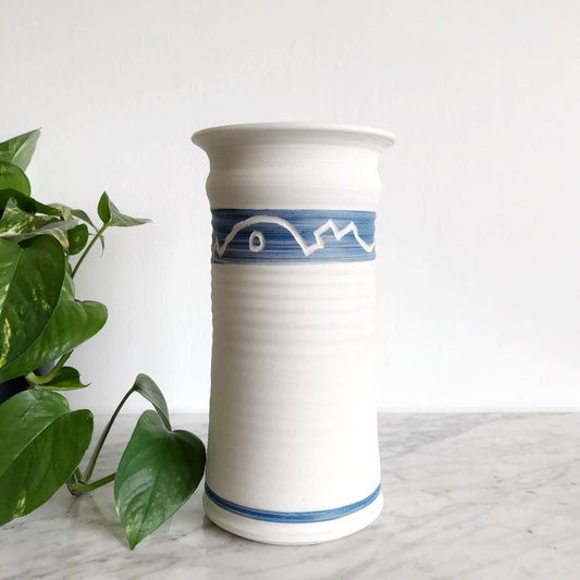 XL Stoneware Vase, White w/ Blue, R. Rowland
