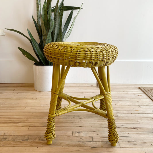 Vintage Wicker Stool, Mustard