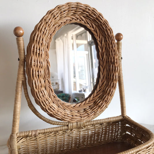 Vintage Wicker Vanity Shelf with Mirror