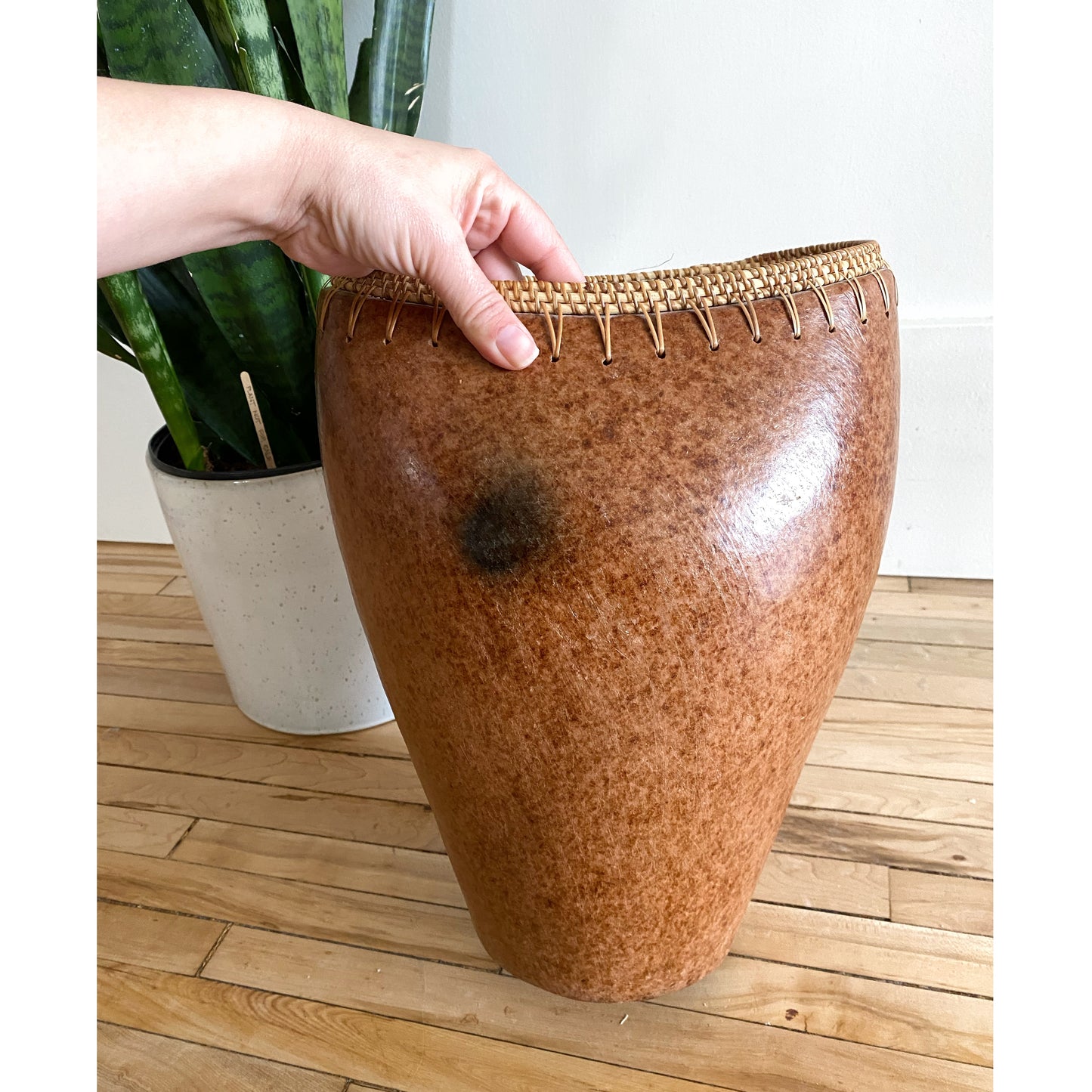 Oversized Vintage Clay Vase with Rattan Edge