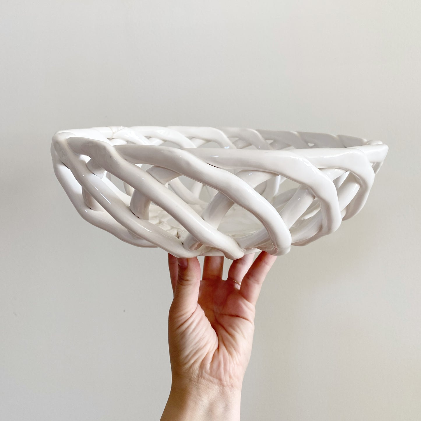 White Woven Latticed Ceramic Basket / Bowl