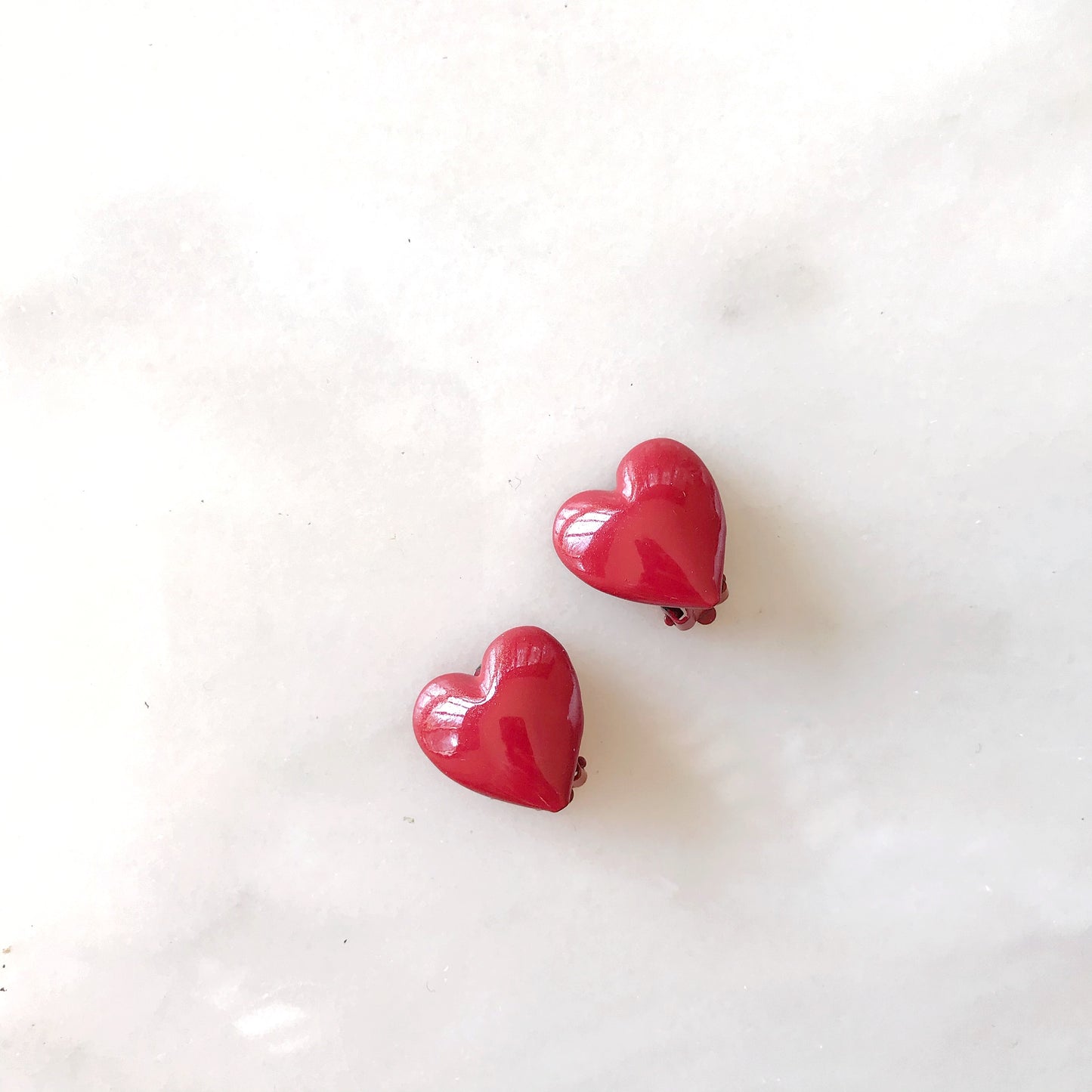 Vintage Red Enamel Heart Clip-On Earrings