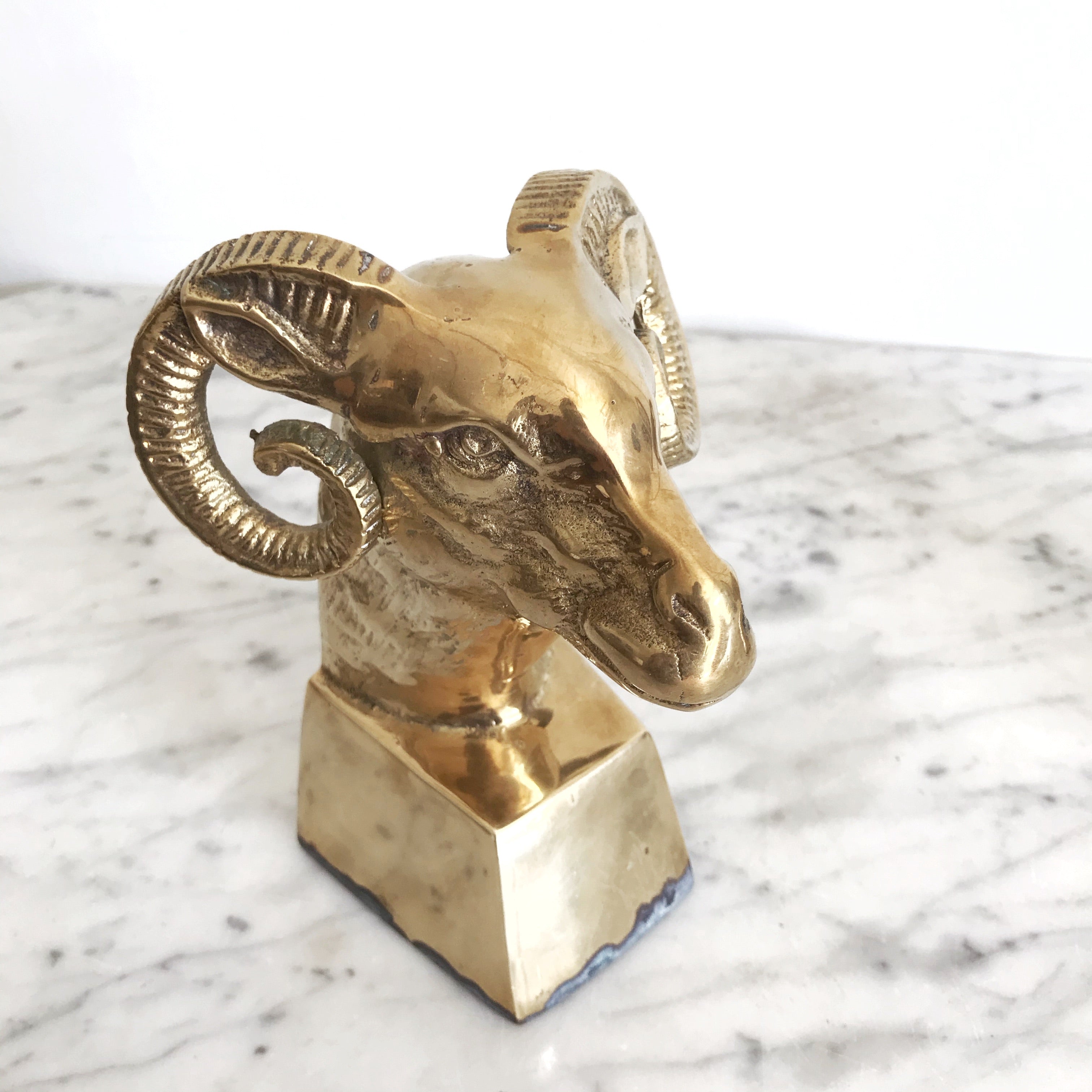 Vintage 1970s Pair of Large Brass Rams Head sold Bookends