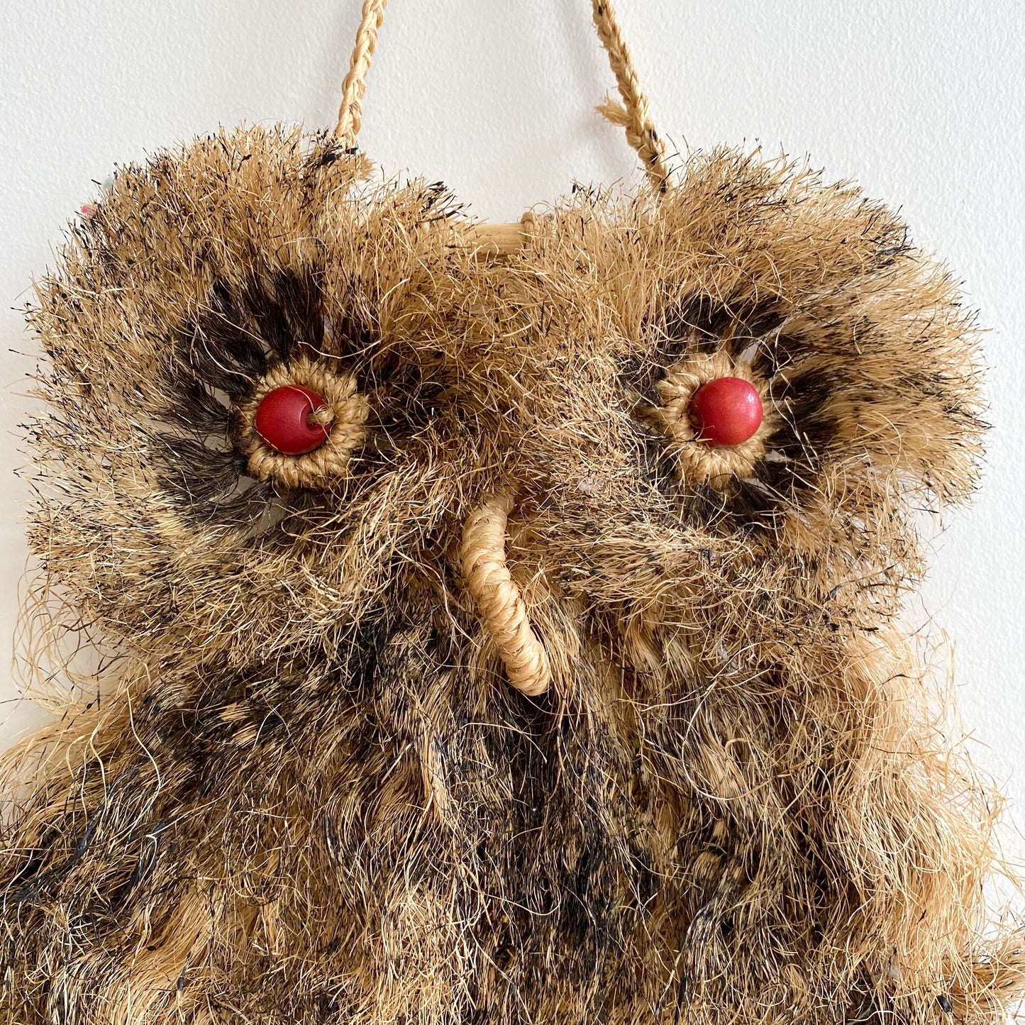 Vintage Natural Macrame Owl, Red Eyes