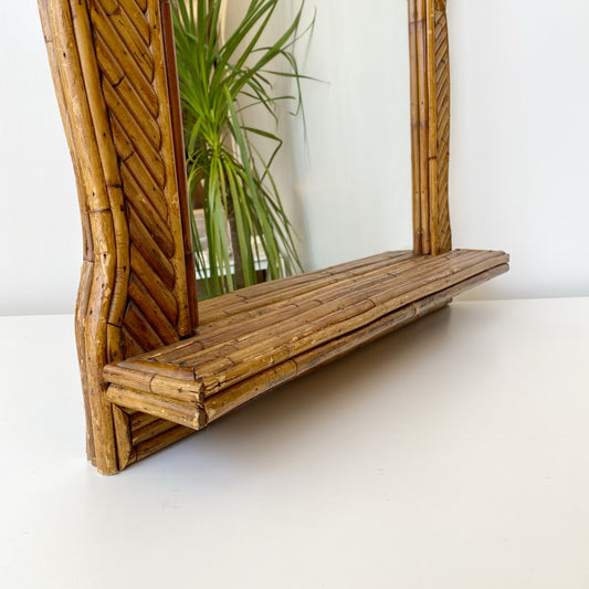Large Vintage Rattan Mirror with Shelf (24.25" x 30")