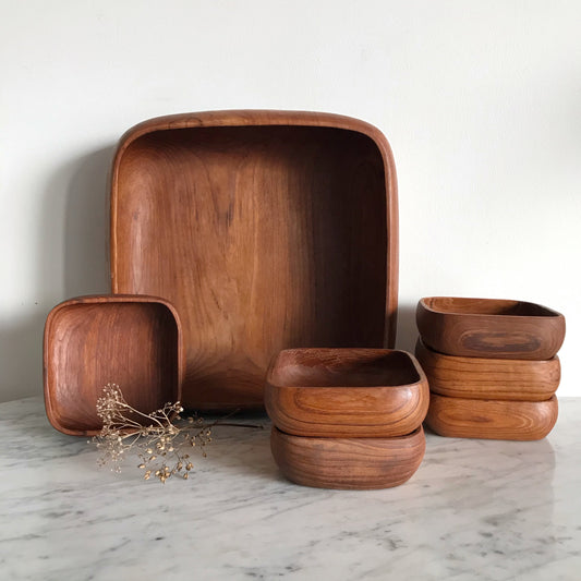 Vintage Square Wood 7-Piece Serving Bowl Set