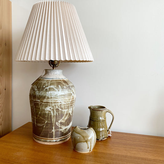 Vintage Studio Pottery Lamp with Pleated Shade