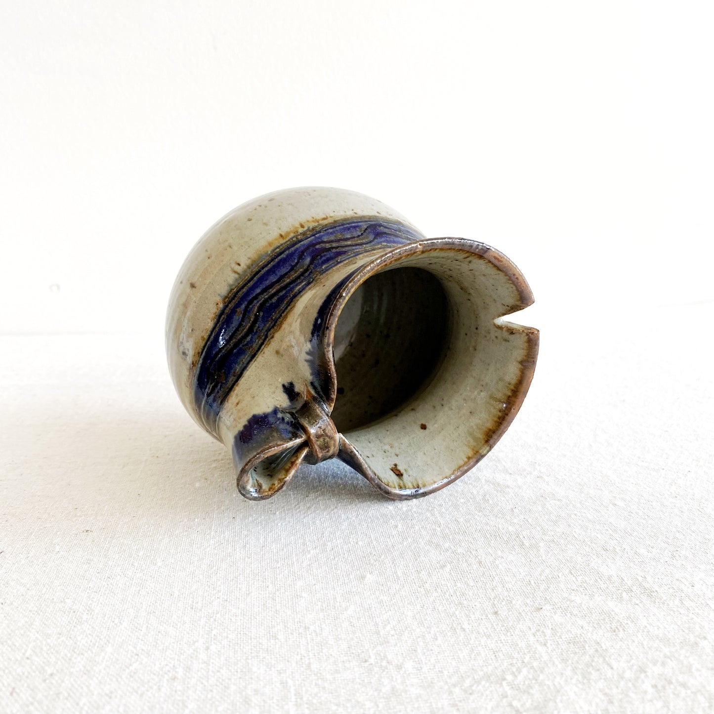 Vintage Handcrafted Stoneware Pitcher, Blue Stripe