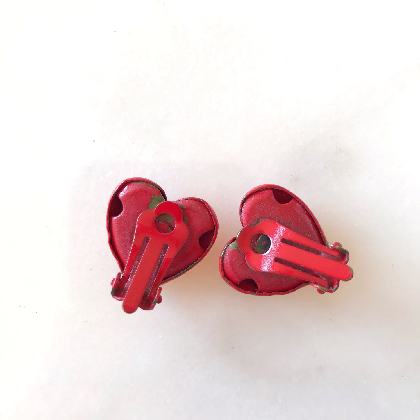 Vintage Red Enamel Heart Clip-On Earrings