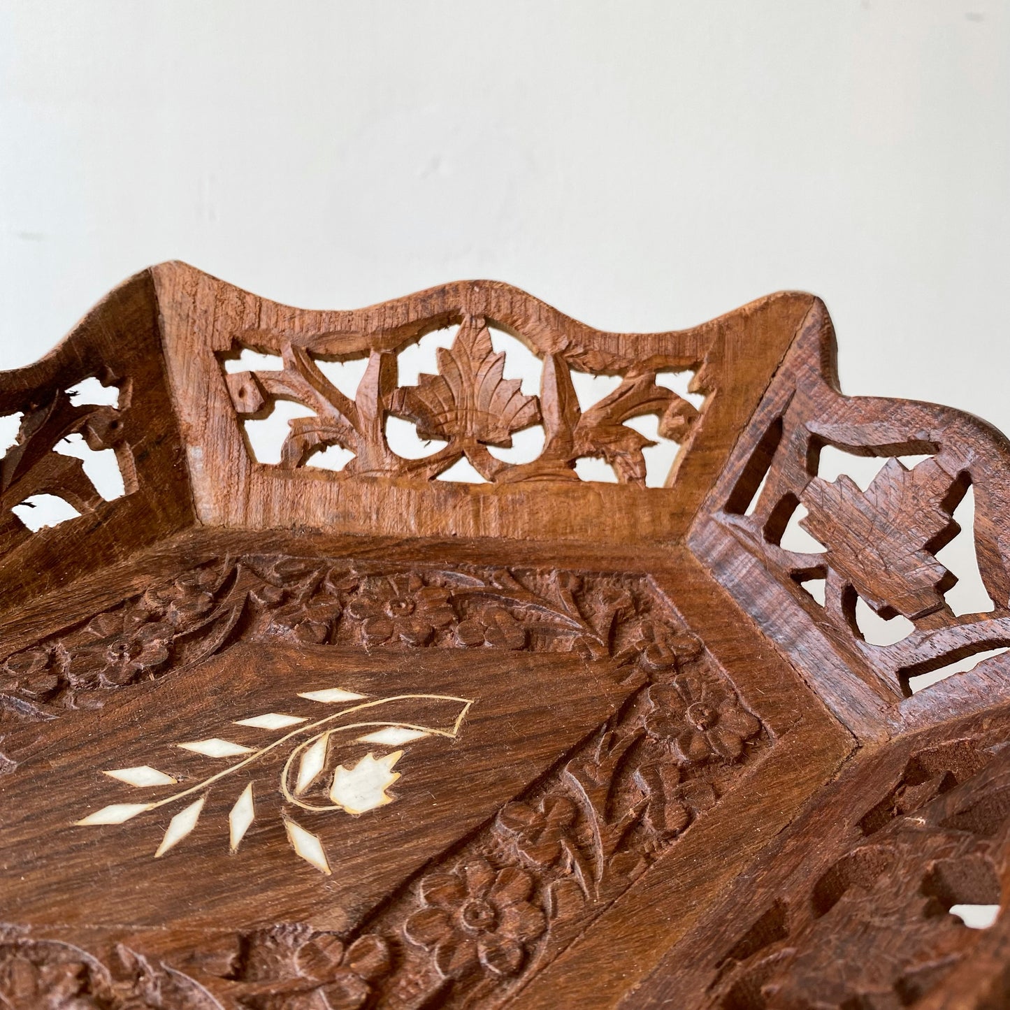 Vintage Carved Wood Tray with Inlay