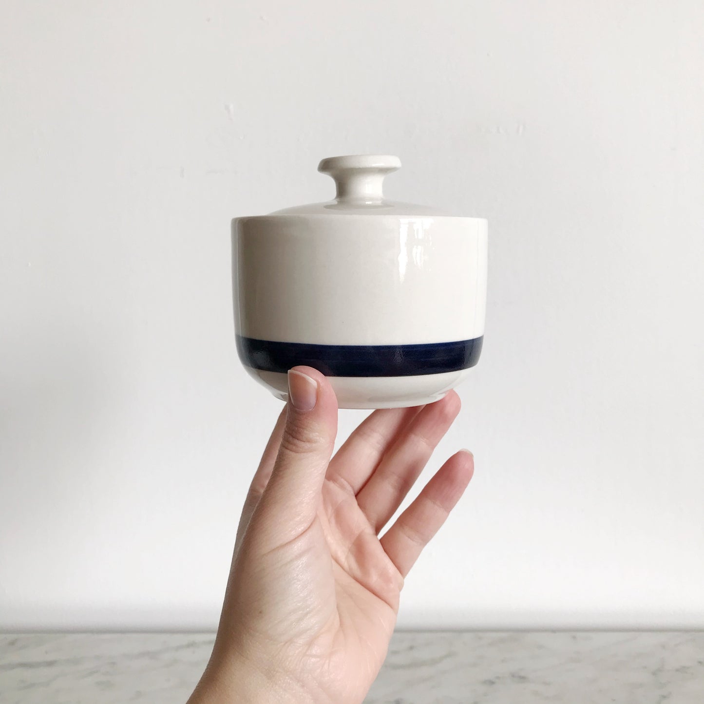 Vintage Stoneware Sugar Bowl, Navy Stripe