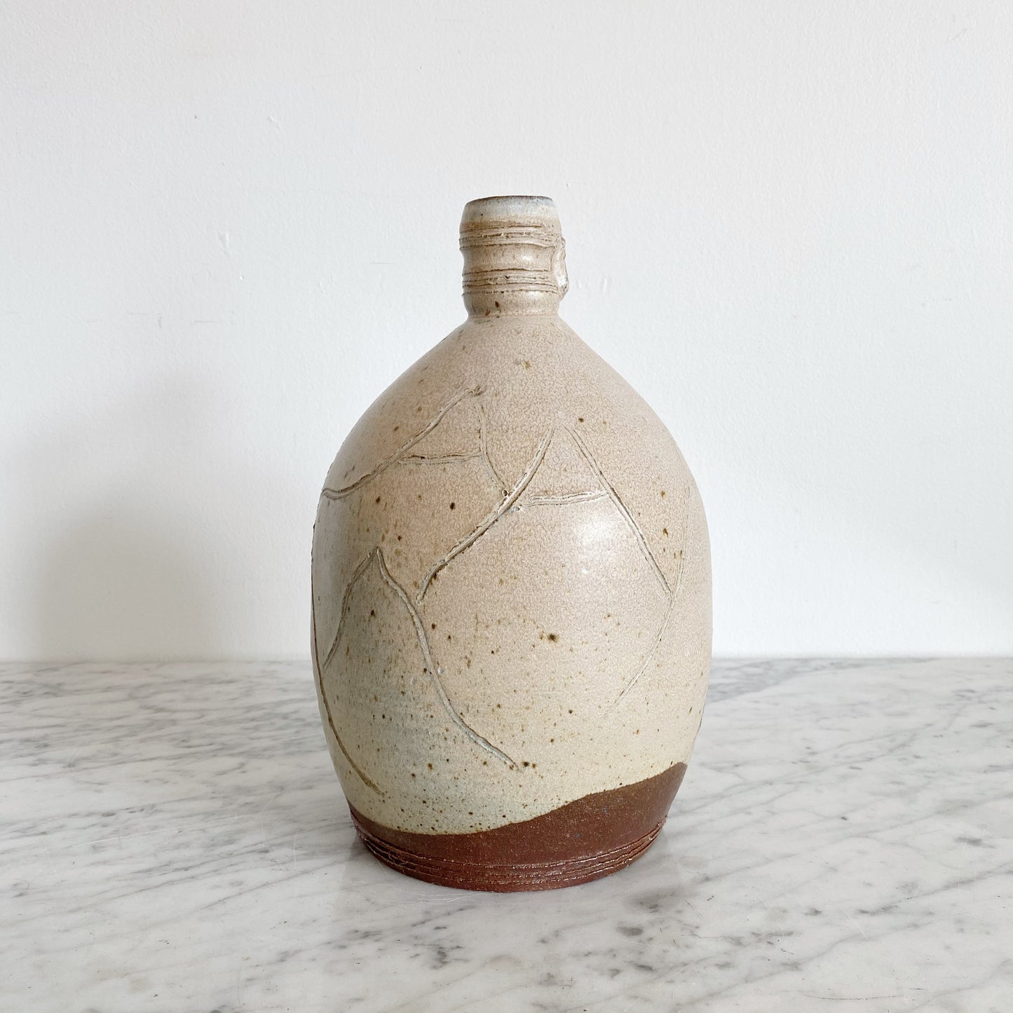 Vintage Pottery Jug with Etched Mountains
