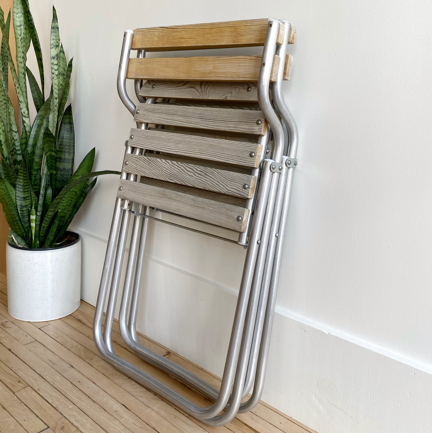 Pair of Vintage Aluminum + Wood Folding Chairs