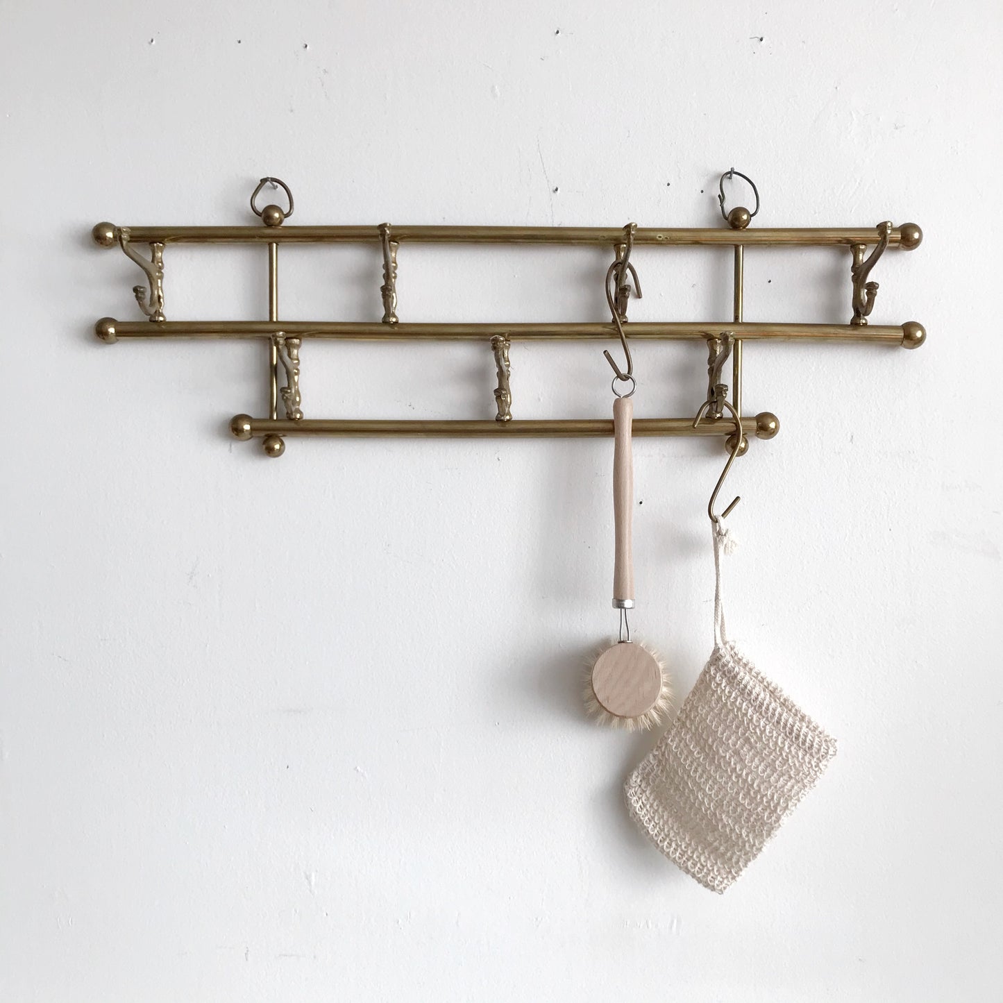 Vintage, twisted brass, triple hook with porcelain ball, coat/towel rack 7  Tall