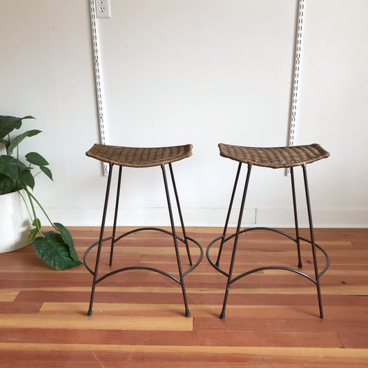 Pair of Vintage Wicker Stools, Attr. Arthur Umanoff