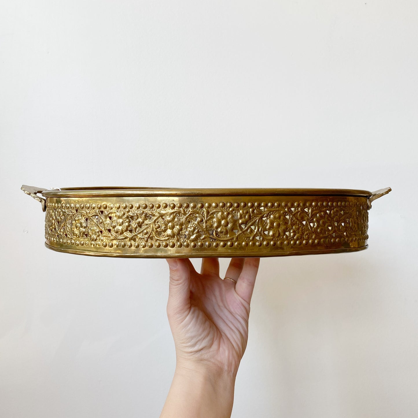Large Vintage Oval Brass Tray with Floral Rim