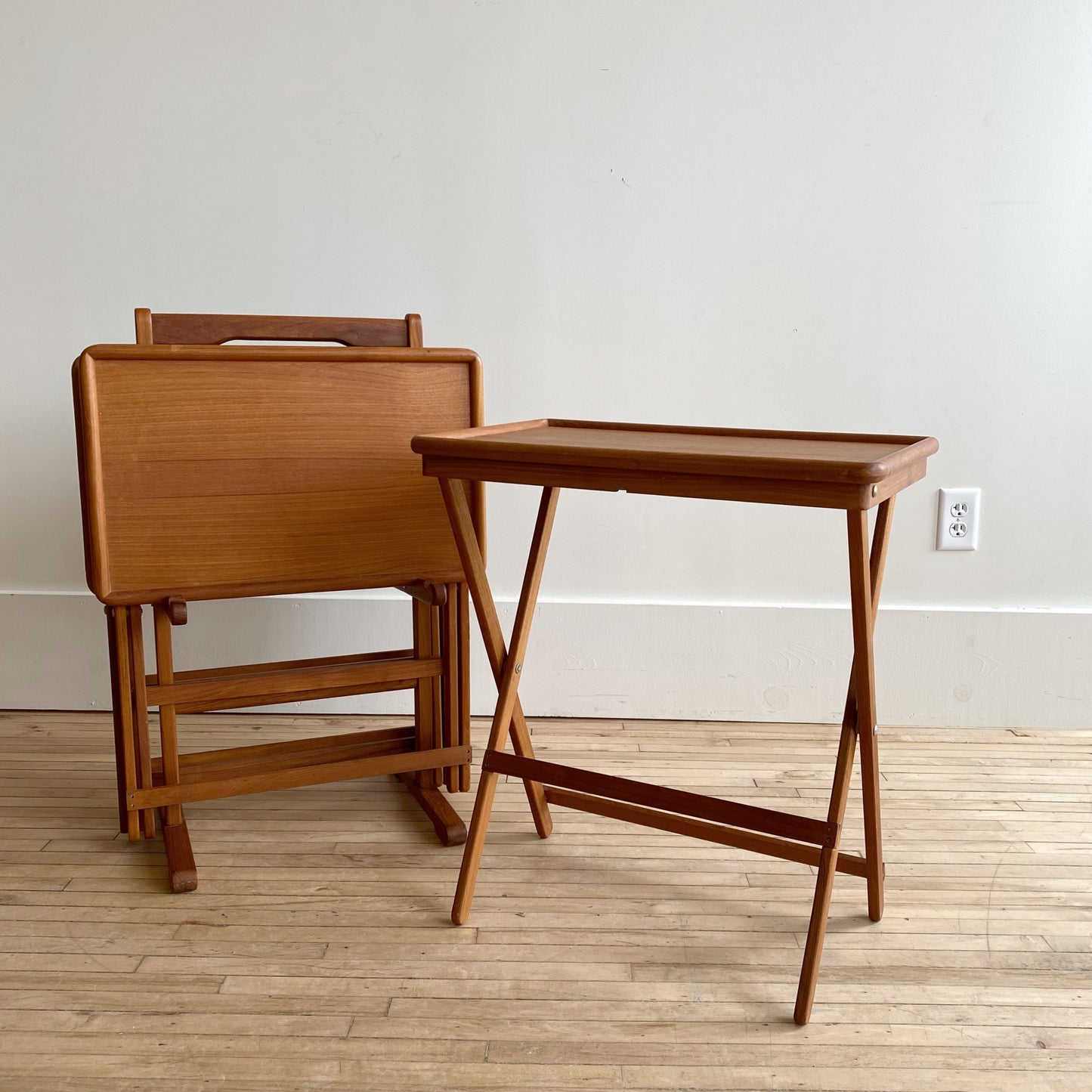 Set of 4 Vintage Teak Folding Trays with Stand