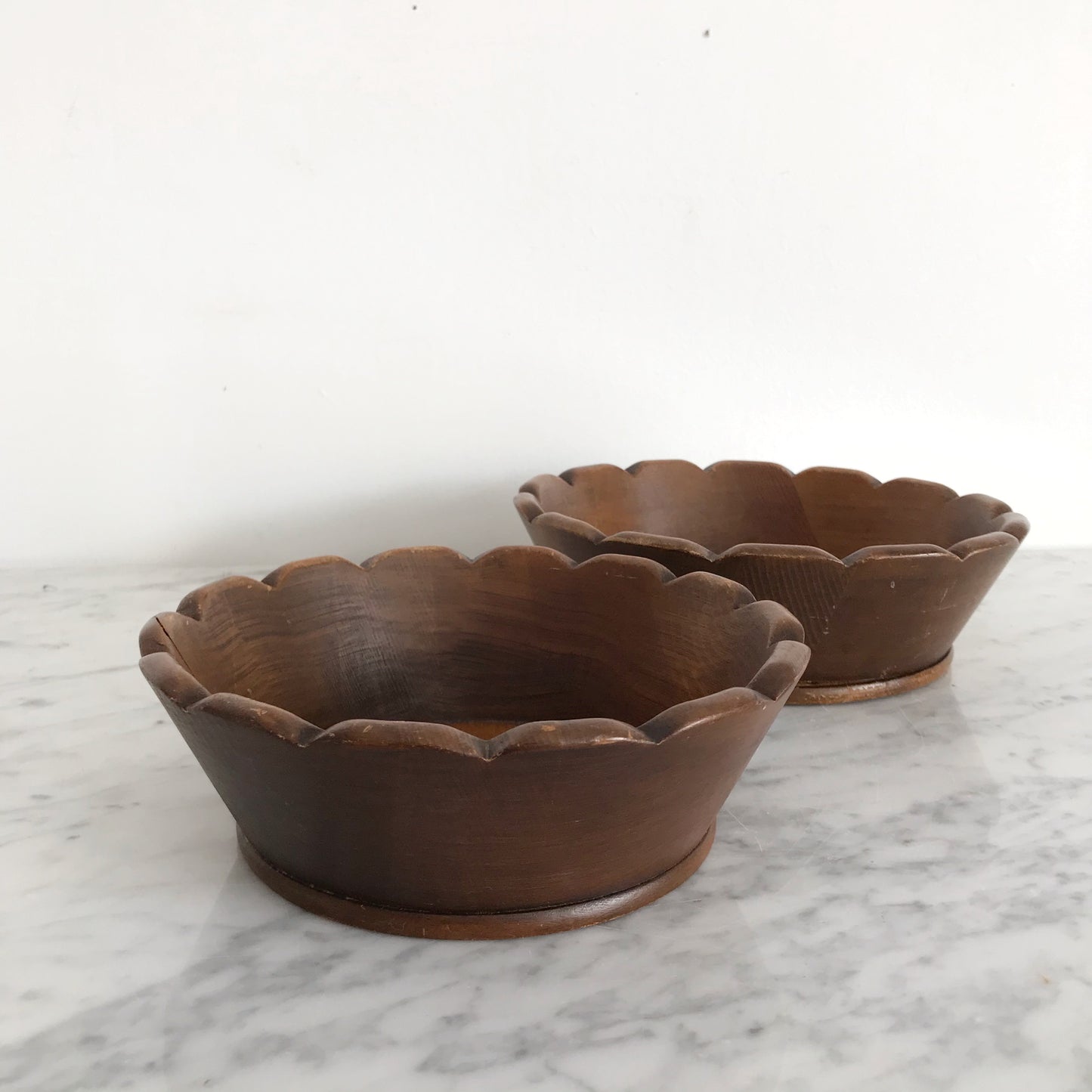 Pair of Vintage Scalloped Wooden Bowls