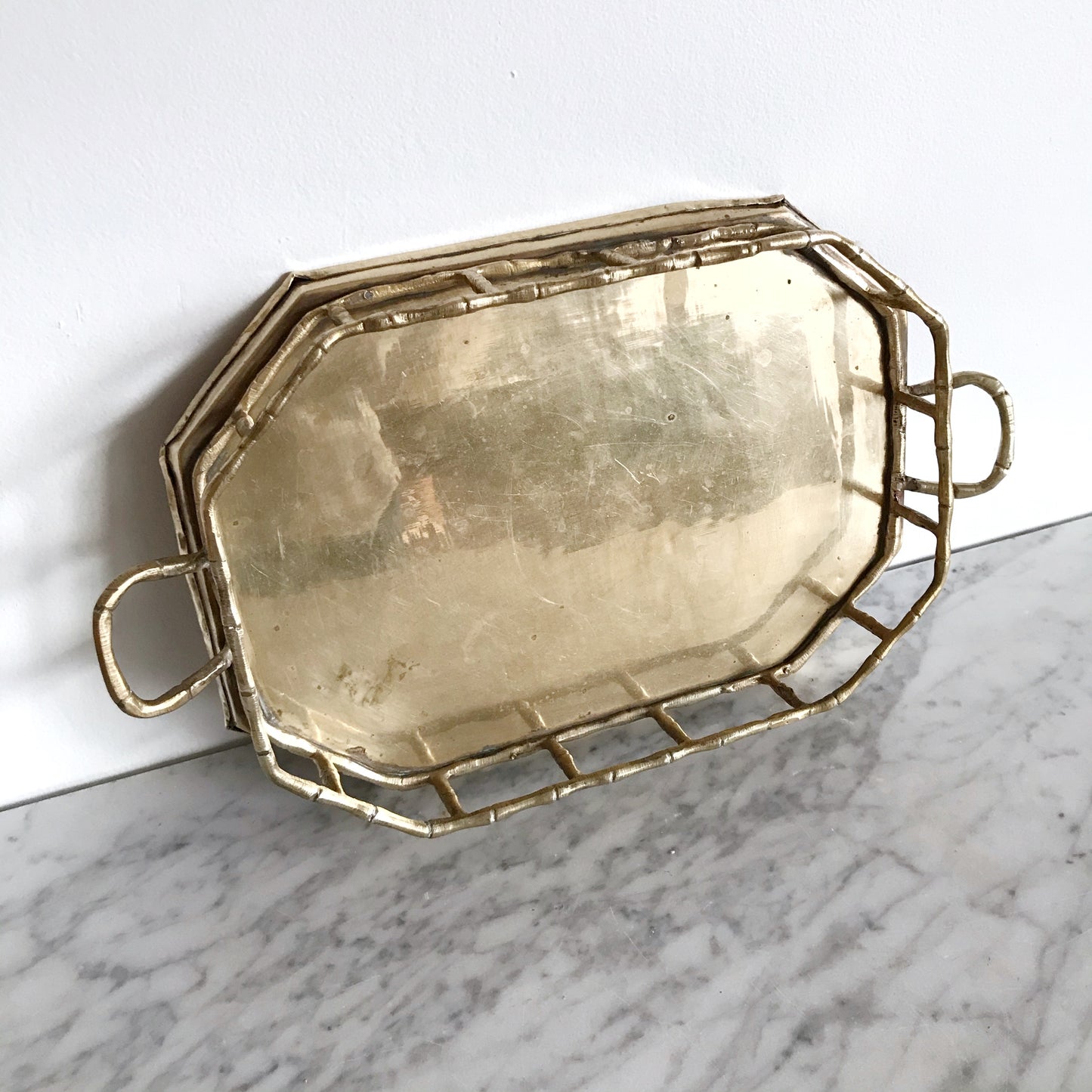 Large Vintage Rectangular Brass Tray with Railing