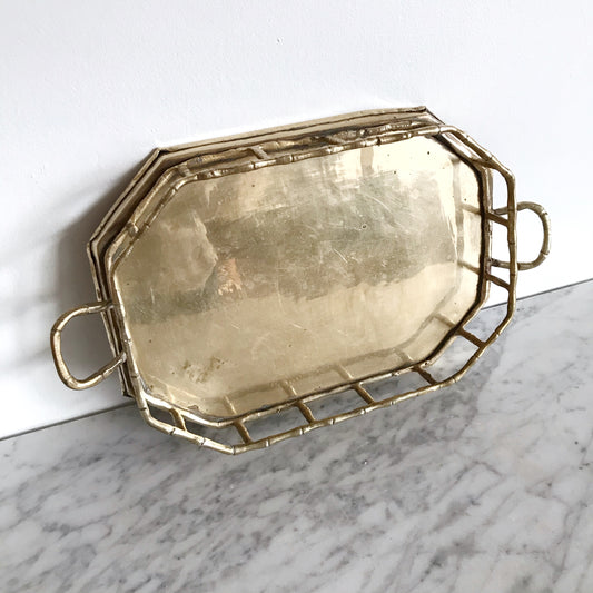 Large Vintage Rectangular Brass Tray with Railing