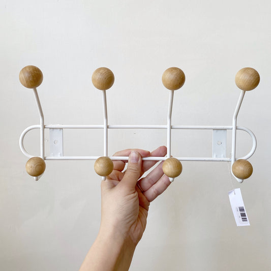 Vintage White Hook Rack with Wood Accents