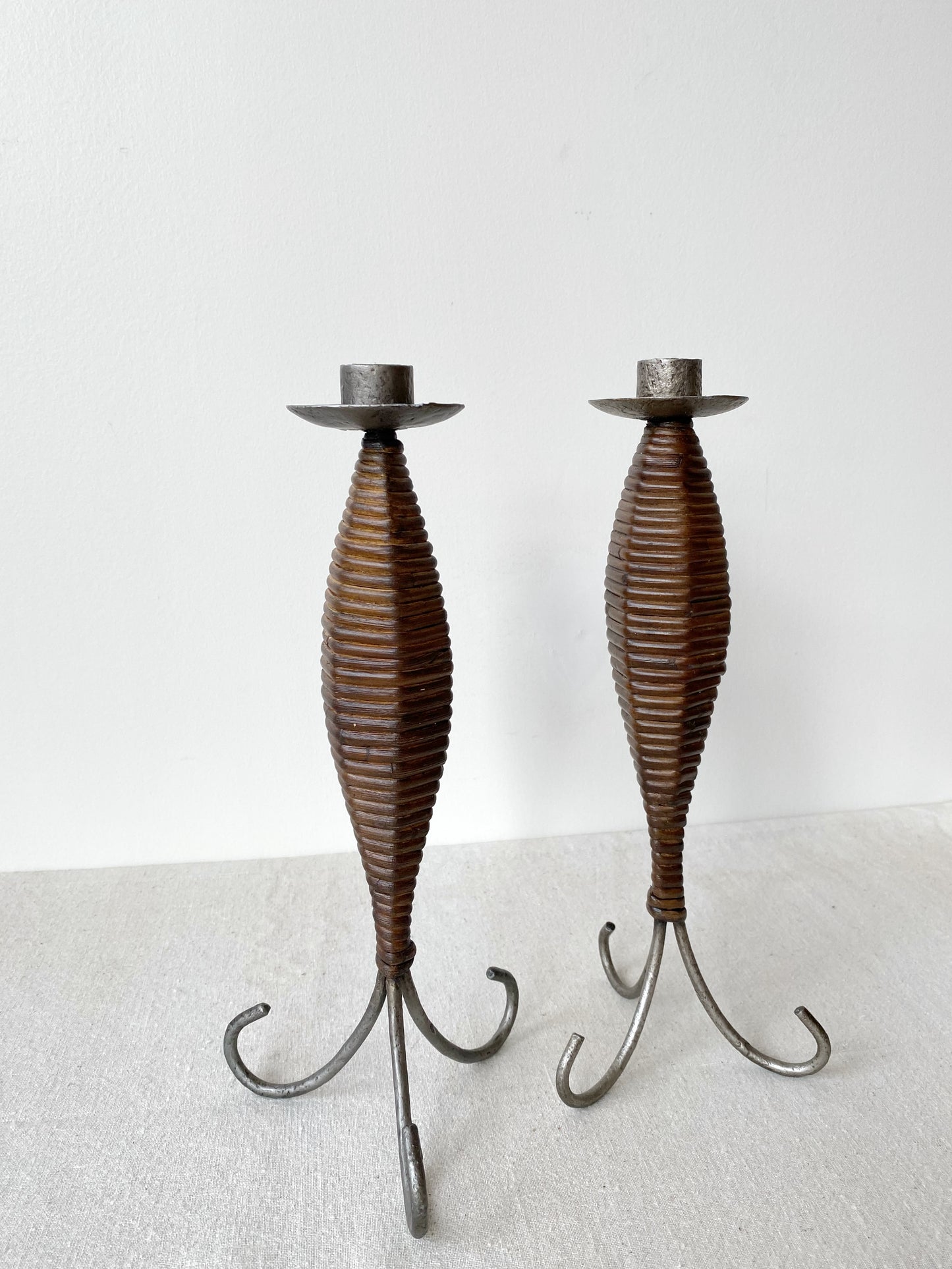 Pair of Vintage Wicker and Metal Candle Holders