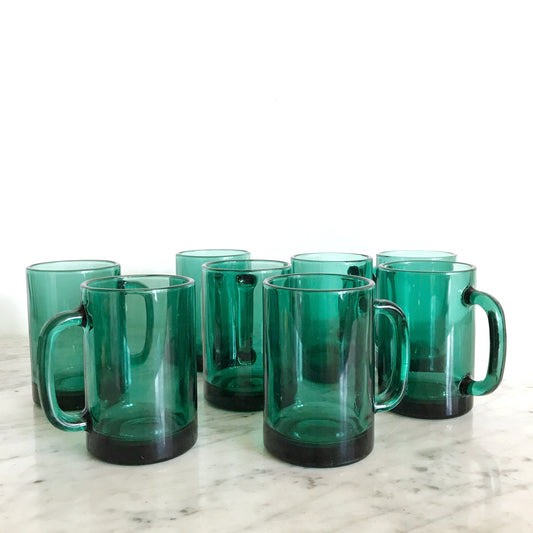 Set of 8 Vintage Emerald Green Glass Mugs
