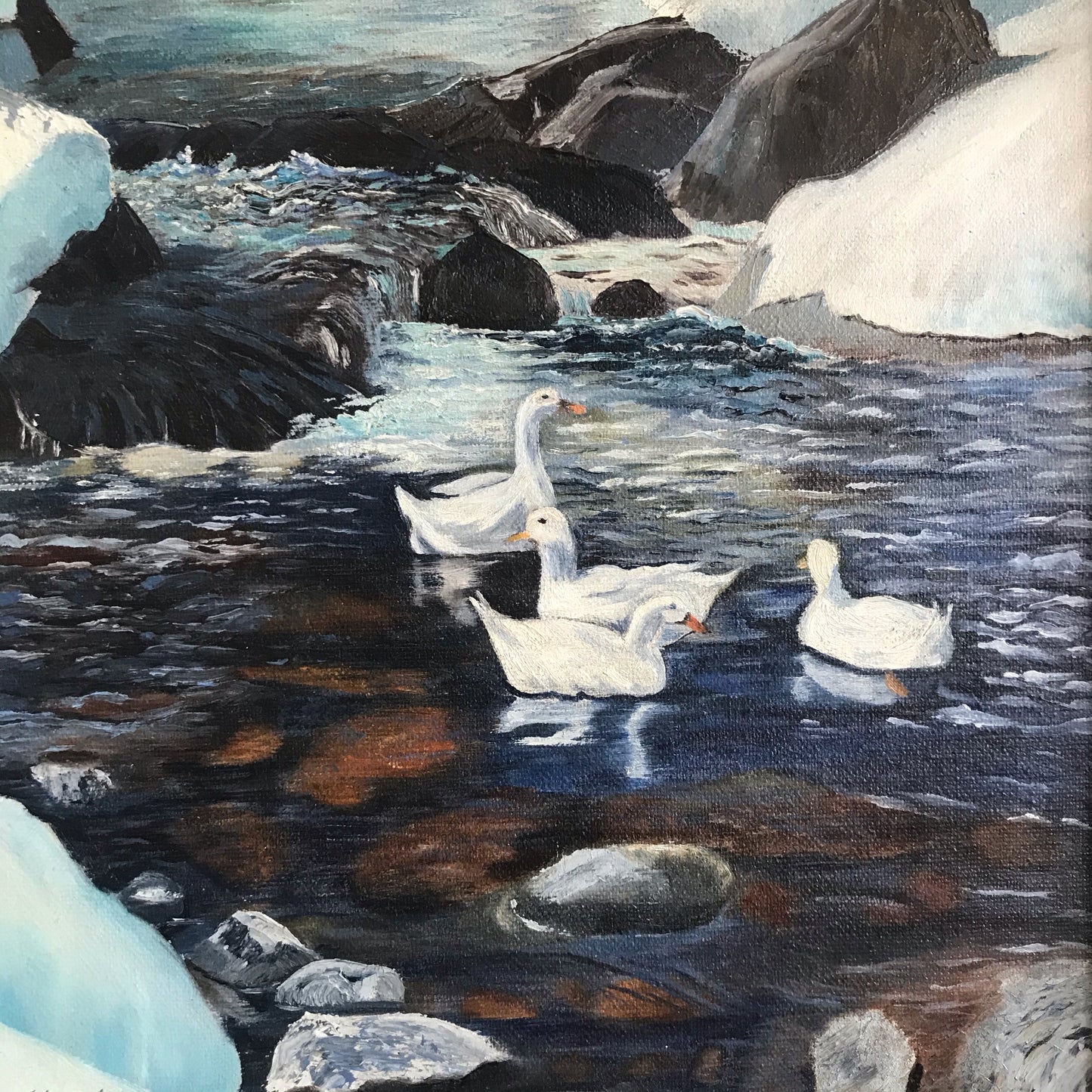 Vintage Original Painting, Winter Ducks