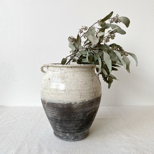 Large Vintage Clay Vase, Charcoal & White