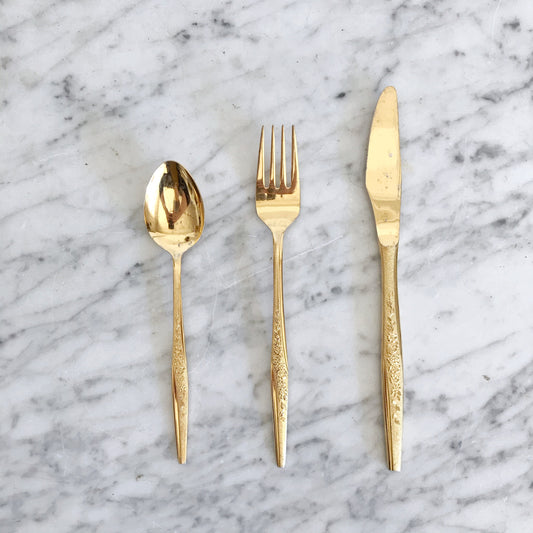 Vintage Gold Flatware, Floral Pattern, 28-piece